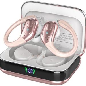 Wireless Earbuds Bluetooth 5.4 Headphones, Noise Canceling Ear Buds with 75hr Playtime, LED Power Display, IPX7 Waterproof Earphones Over-Ear Earphones for Sports/Workouts - Rose Gold